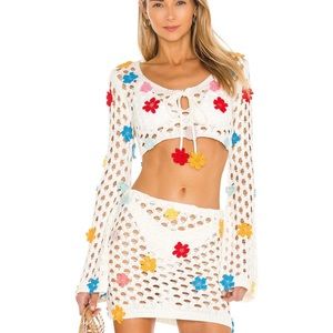 NEW Lovers & Friends SET Flower Power Skirt White Crochet Knit Small XS Revolve